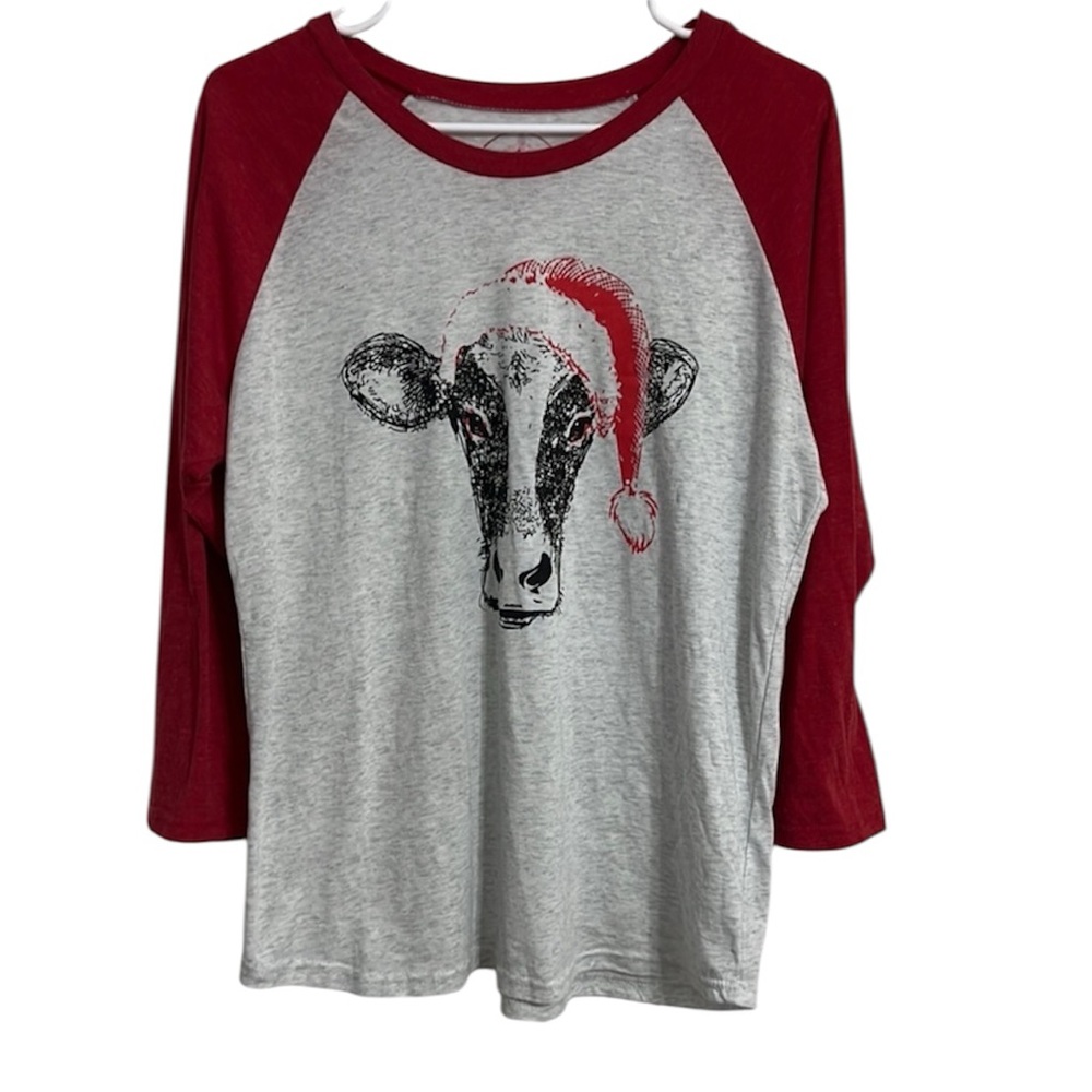Red and White Boutique Christmas Cow Santa Hat Long Sleeve T-Shirt Size Medium